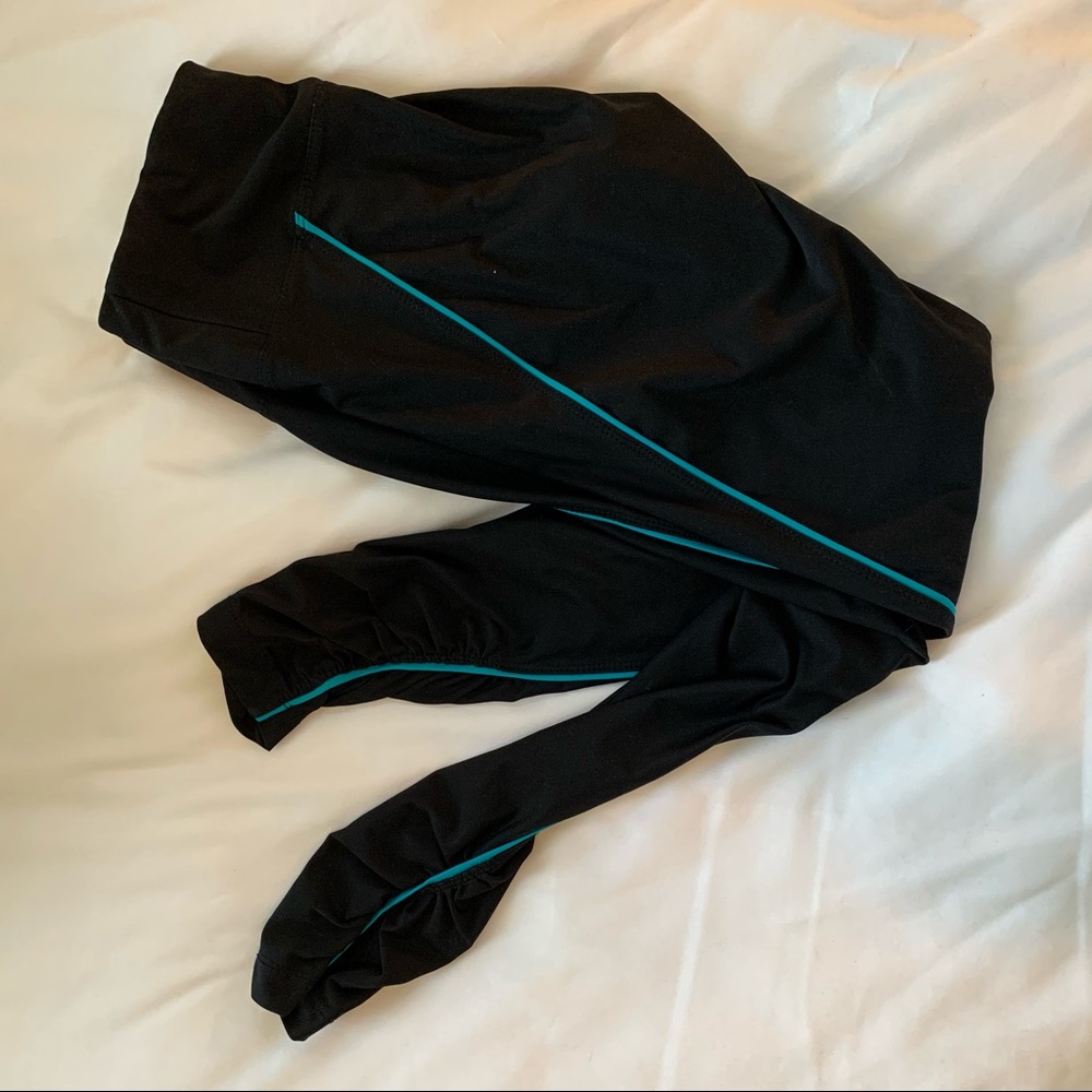 Black Athletic Leggings with One Blue Pin Stripe
